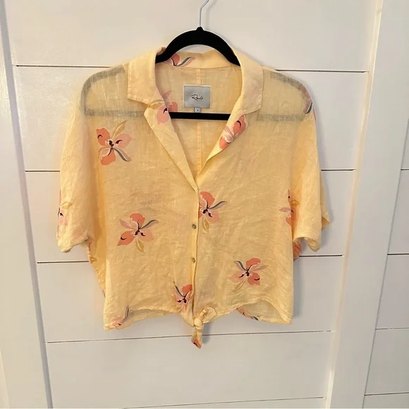 RAILS S Marley tie yellow floral spring short sleeve linen blouse shabby chic - Picture 2 of 13